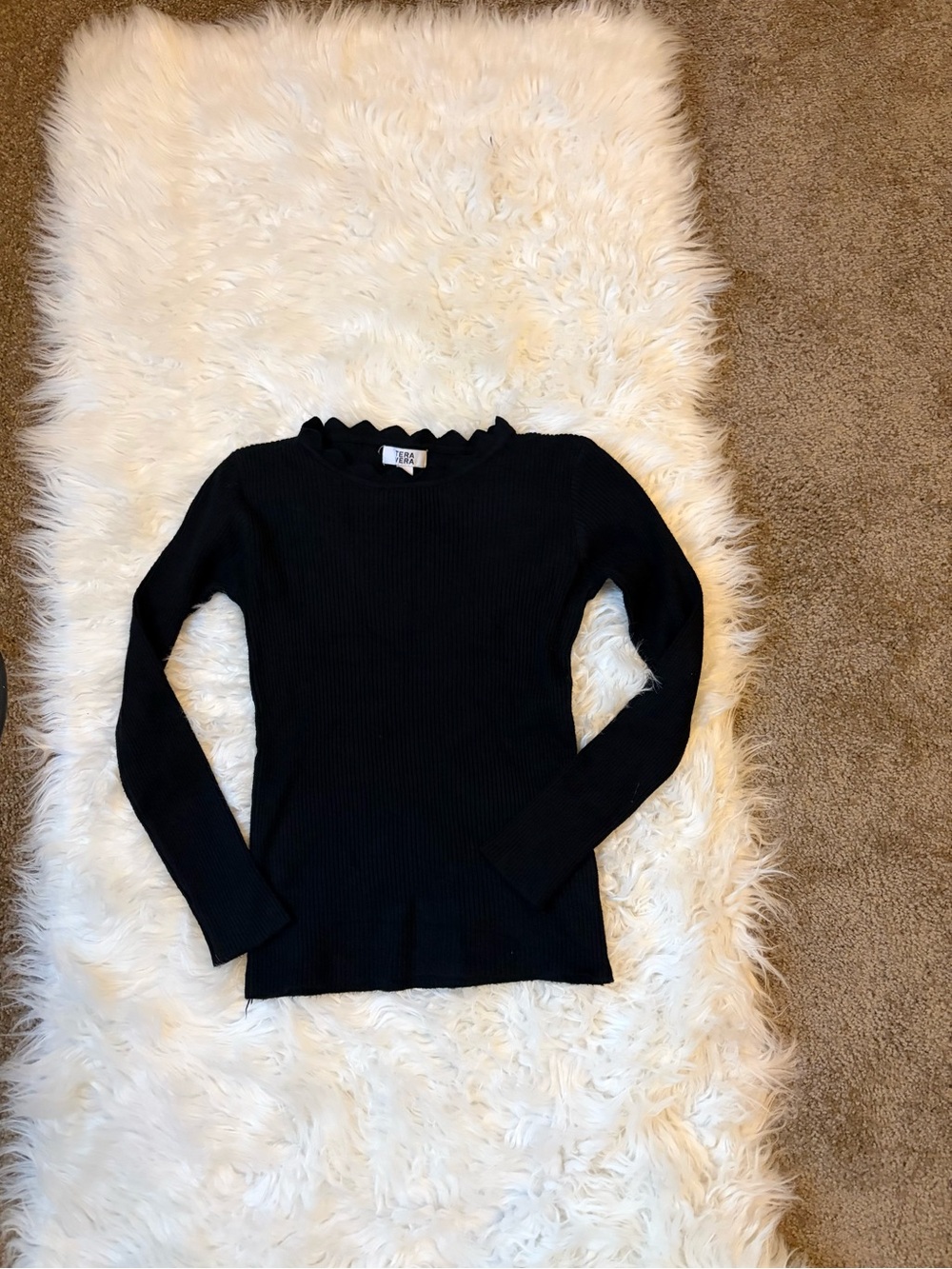 Black Long Sleeve Scalloped Neck Top